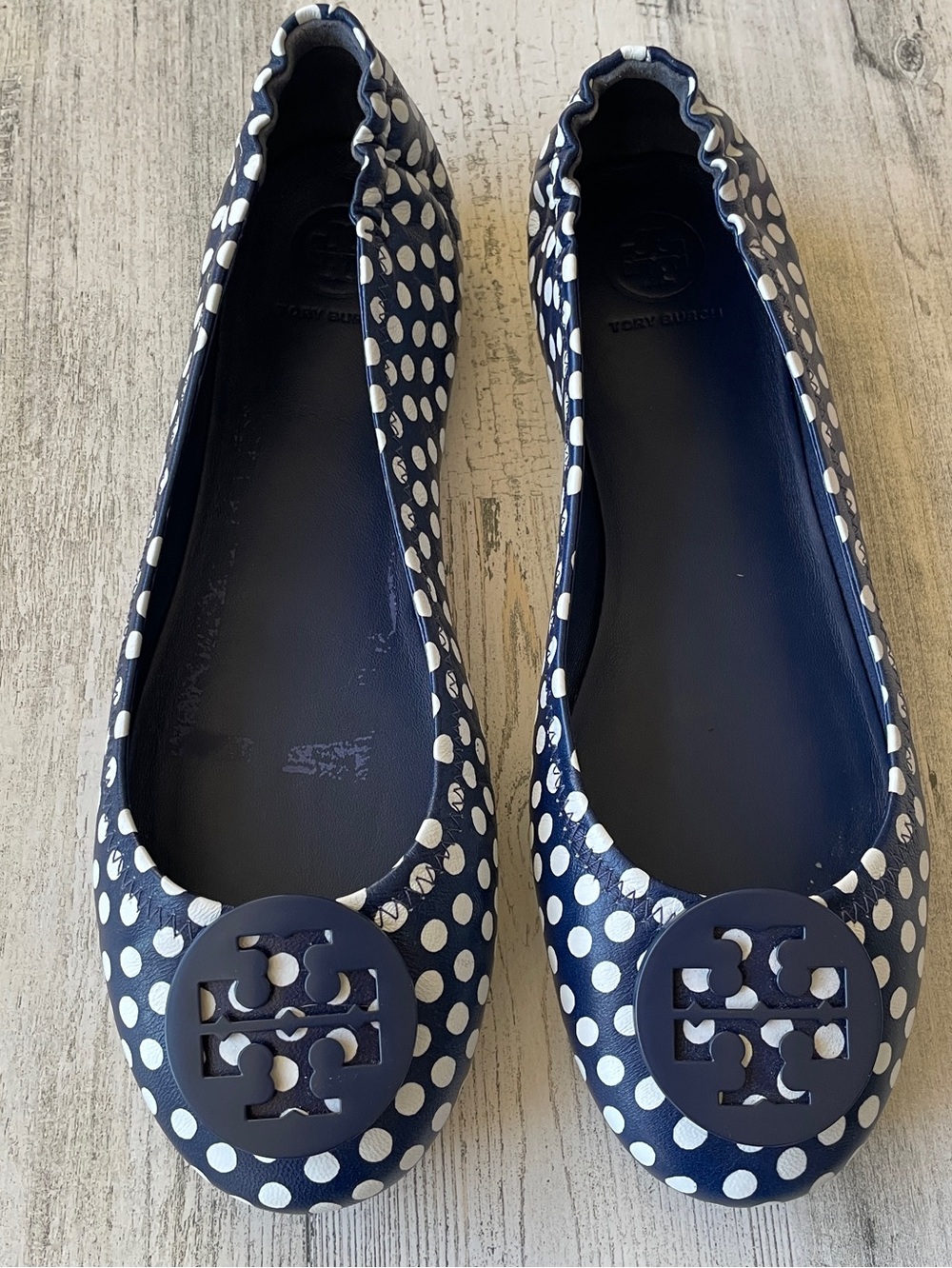 Tory Burch Navy Polka Dot Reva Ballet Flat 8.5 Nautical Dots Leather EUC